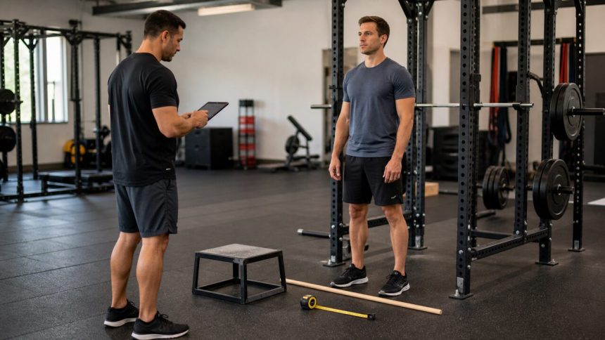 Coach records a lifter's movement-screen baseline beside a squat rack