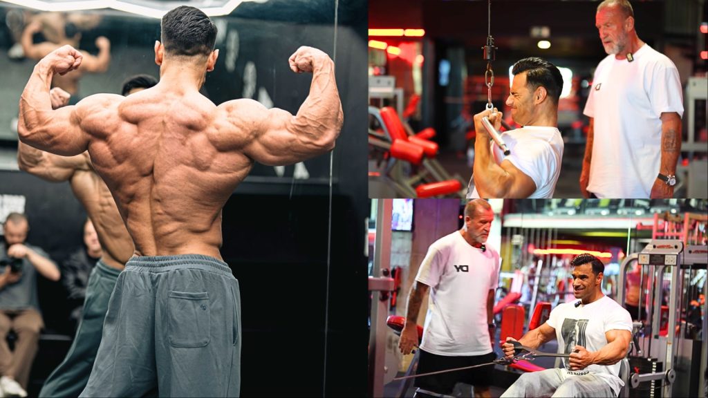 Dorian Yates coaches Ali Bilal through a back workout
